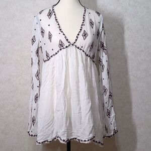 NWOT Free People Embroidery Bohemian V-Neck,Bell Sleeve,Brown & White Top Sz S